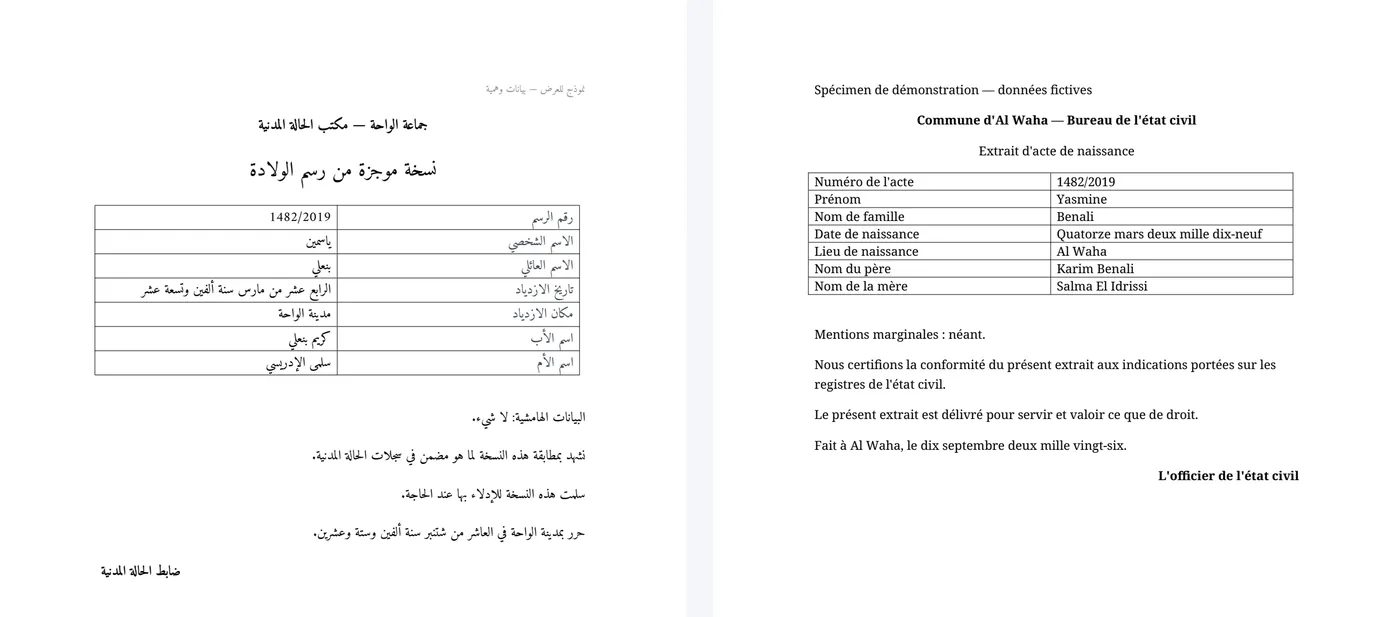 Un extrait d'acte de naissance en arabe et sa traduction française, avec le même tableau